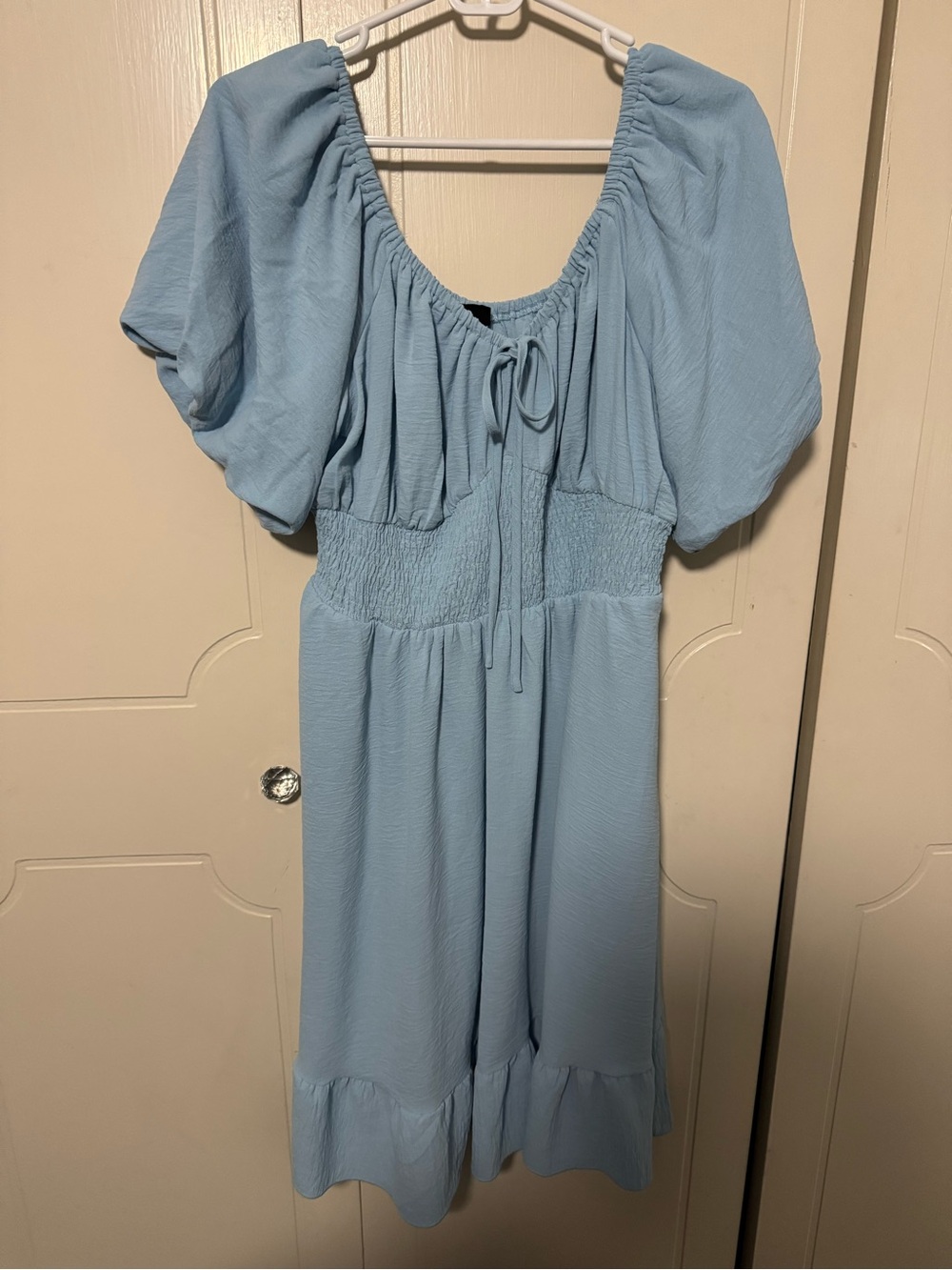 Light Blue Peasant Midi Dress with Puff Sleeves